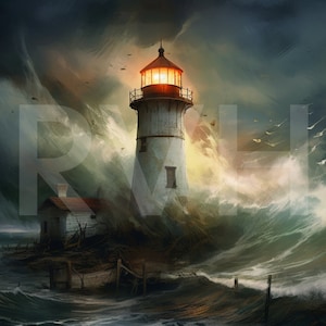 Ein Leuchtturm im Sturm in einem Set von 4 digitalen Downloads mit brillanten Farben, geeignet für Druck, Desktop, Rahmung und Wandkunst.
