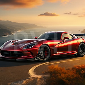 Un Dodge Viper deportivo en las colinas en un conjunto de 3 descargas digitales con hermosos colores adecuados para impresión, escritorio, enmarcado y arte de pared