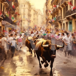 The Running of the Bulls in Spain in a set of 4 digital downloads with brilliant colors suitable for Printing, Desktop, Framing and Wall Art