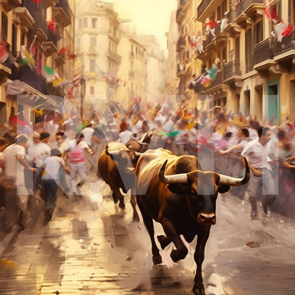 The Running of the Bulls in Spain in a set of 4 digital downloads with brilliant colors suitable for Printing, Desktop, Framing and Wall Art