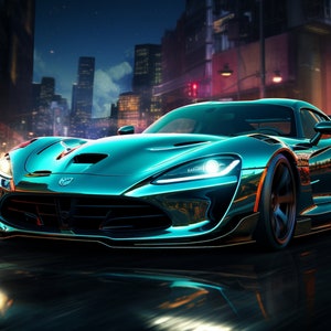 Eine türkise Dodge Viper in einem Set von 3 digitalen Downloads mit brillanten Farben geeignet für Druck, Desktop, Rahmung und Wandkunst.
