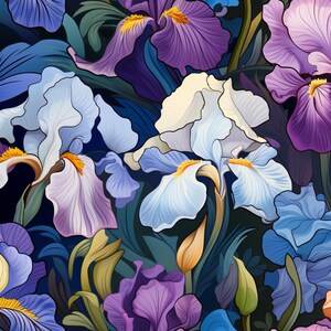 Wunderschöne Iris-Muster in einem Set von 4 digitalen Downloads mit brillanten Farben, geeignet für Druck, Desktop, Rahmung und Wandkunst.