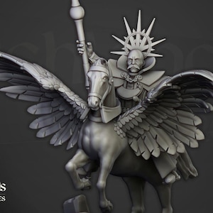 Hooglanden Miniatuur Hoge Magiër van Zonneland op Pegasus - Gedetailleerde Fantasyfiguur voor Tafelblad & Verzamelaars