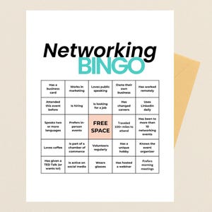 K&ouml;nnte beinhalten: Eine wei&szlig;e Networking-Bingo-Karte mit schwarzem Text und t&uuml;rkisfarbenen Akzenten. Die Karte zeigt ein Raster von S&auml;tzen zum Thema Networking, wie "Hat eine Visitenkarte" und "Liebt Kaffee". Das Wort "Bingo" ist t&uuml;rkis.