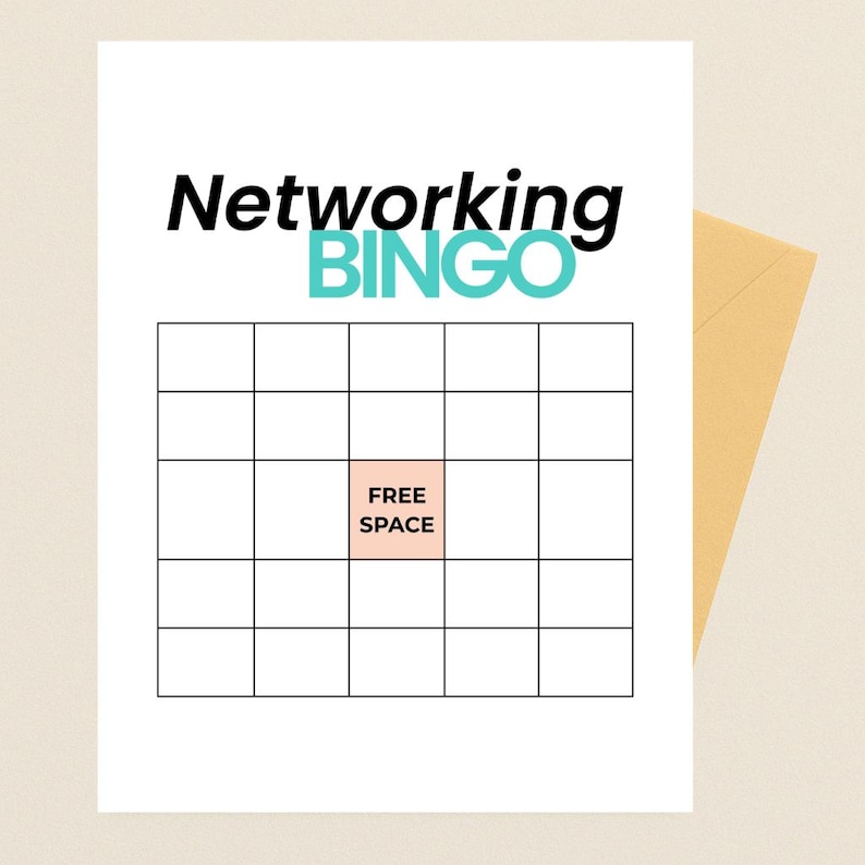 K&ouml;nnte beinhalten: Eine wei&szlig;e Karte mit dem Titel "Networking BINGO" in Schwarz und T&uuml;rkis. Das BINGO-Raster hat ein Feld "FREE SPACE". Ein goldener Umschlag ist teilweise im Hintergrund zu sehen.