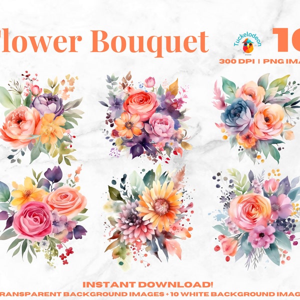 Watercolor Flower Bouquet Clipart -  PNG Clip Art Bundle -  Digital Floral Illustrations - Wedding Invitations - Social Media - DIY Crafts