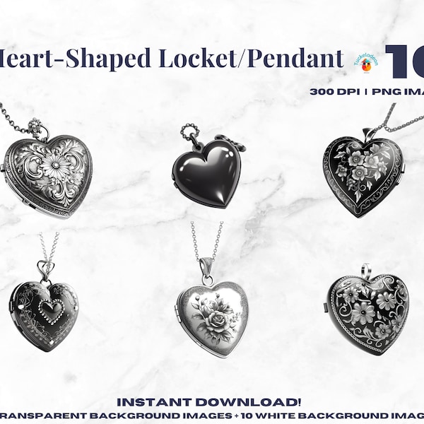 Heart Locket Clipart - PNG Clip Art Bundle - Black and White - B&W - Pendant- Valentine - Anniversary - Mother's Day - Wedding
