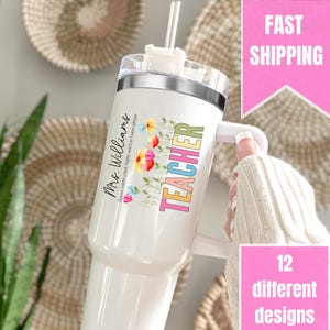 Teacher Tumbler, Personalized Teacher Appreciation Gift, Custom 40oz Tumbler with Handle, End of Year Teacher Travel Mug, Back to School Cup