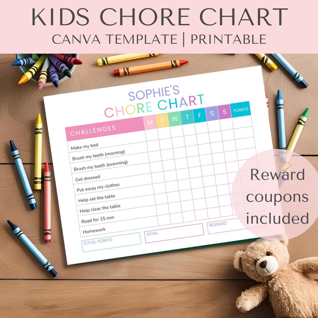 Printable Kids Chore Chart and Reward System, Editable Canva, Fun and ...