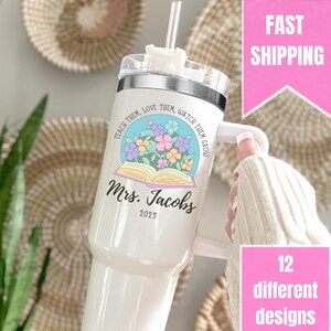 Teacher Tumbler, Personalized Teacher Appreciation Gift, Custom 40oz Tumbler with Handle, End of Year Teacher Travel Mug, Back to School Cup