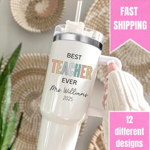 Teacher Tumbler, Personalized Teacher Appreciation Gift, Custom 40oz Tumbler with Handle, End of Year Teacher Travel Mug, Back to School Cup