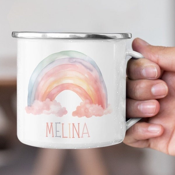 Emaille Kindertasse Regenbogen Vorname personalisiert Kinderbecher Kindergarten Geschenk Schulanfang