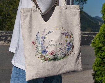 Bio Tote Bag aus Baumwolle Personalisiert mit Name Wildblumen Outdoor Natur Blumenkranz Organisch Jutebeutel Geschenk