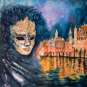 SPLENDORE VENEZIANO: Notte di carnevale a Venezia - Dipinto ad acquerello originale - Carnival night in Venice -  Original watercolor paint