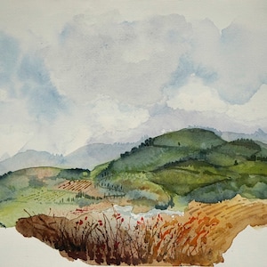 CAMPI ELYSIE: Tuscan hills - Original watercolor painting - Original watercolor painting - Handmade work of art.