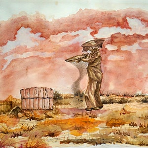THE SORTING of the WHEAT: Original watercolor painting - Original watercolor painting - Handmade work of art.