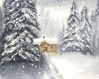 雪の中のウサギ – オリジナルの水彩画、ウサギの絵、冬の風景、降雪
