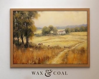 May include: A framed oil painting depicting a rural landscape with a farmhouse in the distance. The painting features a dirt road leading to the farmhouse, with trees and fields on either side. The sky is a soft, muted yellow, and the overall tone of the painting is peaceful and serene.