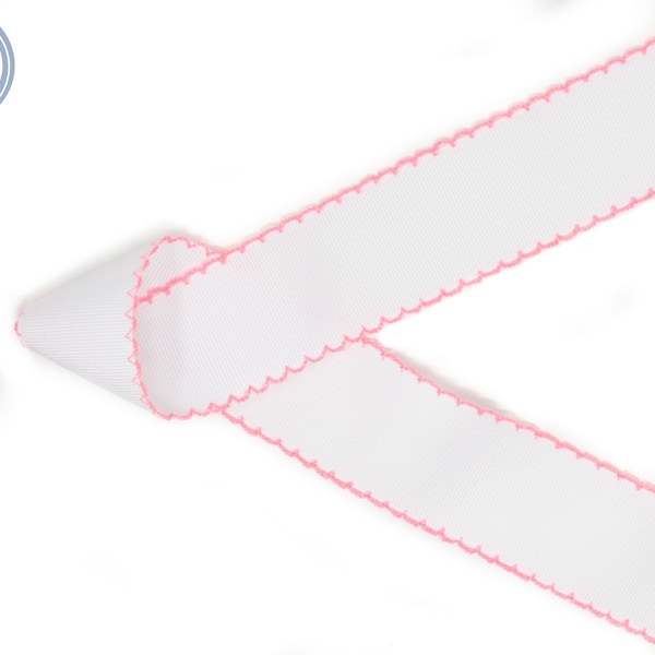 White Solid Grosgrain Ribbon with Pink Moonstitch | Made in the U.S.A. | Embroidered Ribbon