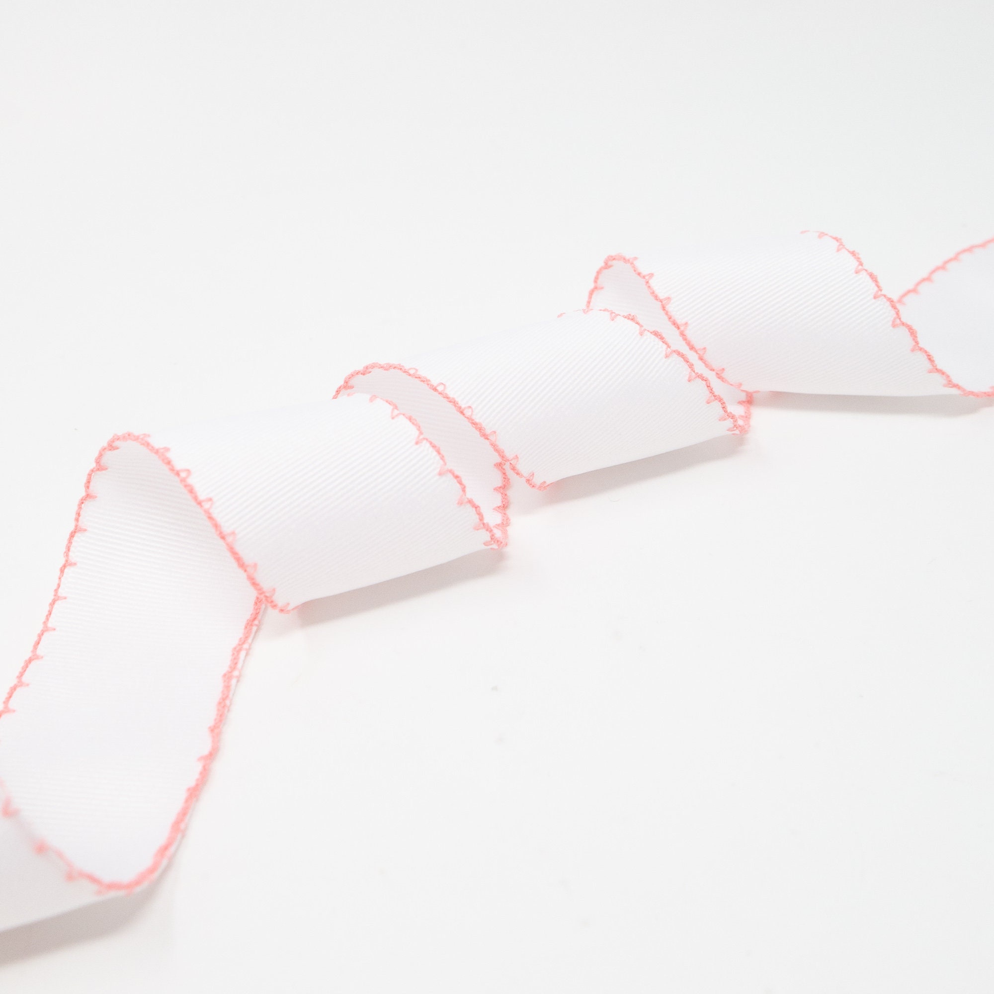 White Solid Grosgrain Ribbon With Pink Moonstitch Made in the U.S.A
