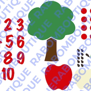 Peut inclure: Une pomme rouge avec une feuille verte, un arbre brun avec une canopée verte et des pommes rouges sur les branches. Les chiffres de 1 à 10 sont écrits en rouge.