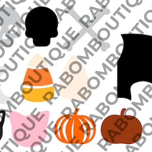 May include: A set of nine Halloween-themed cutouts, including a ghost, a skull, a bat, a candy corn, a pumpkin, a cat, and a pig. The cutouts are black, white, orange, yellow, and pink.