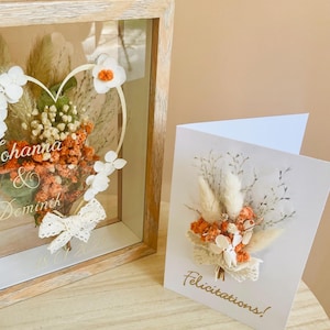 Cadre fleuri cœur + carte personnalisé bouquet fleurs séchées/Cadeau mariage-Anniversaire de mariage personnalisé-noces/déco mariage