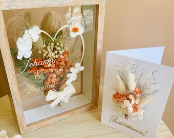 Floral heart frame + personalized card with dried flower bouquet/Wedding gift - Personalized wedding anniversary - Wedding/Wedding decor