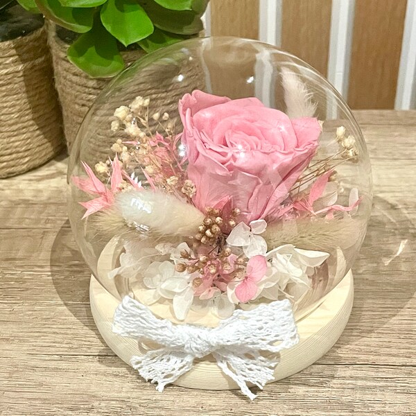 Cloche fleur stabilisée personnalisée socle bois - Dôme en verre rose éternelle - Cadeau unique mariage, fête des mères, deuil, anniversaire