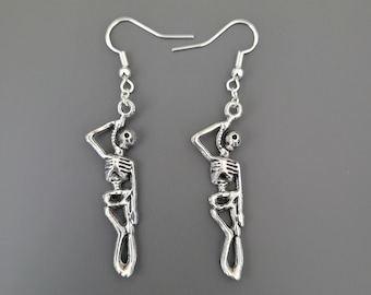 925 Sterling Silver Hook Hanging Skeleton Charm Earrings - Gothic earrings, halloween earrings, halloween jewellery, gifts for her, skull