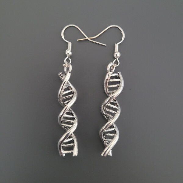 925 Sterling Silver Hook 3D DNA Swirl Charm Earrings - DNA Earrings, Dna Jewellery, Biology Gifts for Her, Biology earrings, Dna Helix