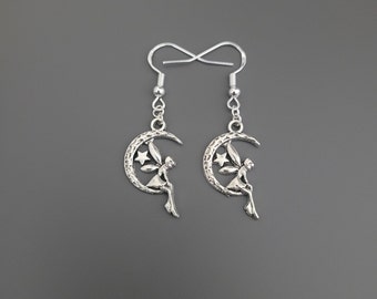 925 Sterling Silver Hook Fairy on Crescent Moon Charm Earrings - fairy earrings, fantasy earrings, fairy jewellery, fairy moon earrings