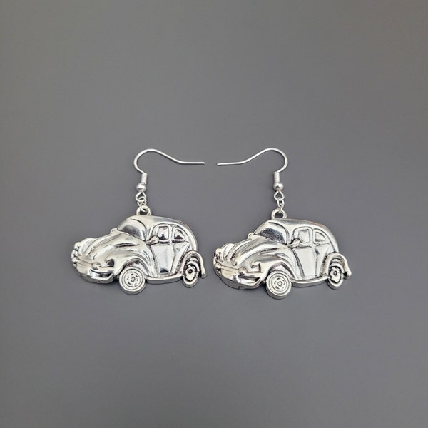 925 Sterling Silver Hook Large VW Beetle Car Charm Earrings - car earrings, VW beetle gifts, vw beetle gifts for her, silver car earrings