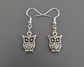 925 Sterling Silver Hook Owl Charm Earrings - Owl Earrings, Owl Jewellery, Owl gifts, gifts for her, bird earrings, cute earrings, UK