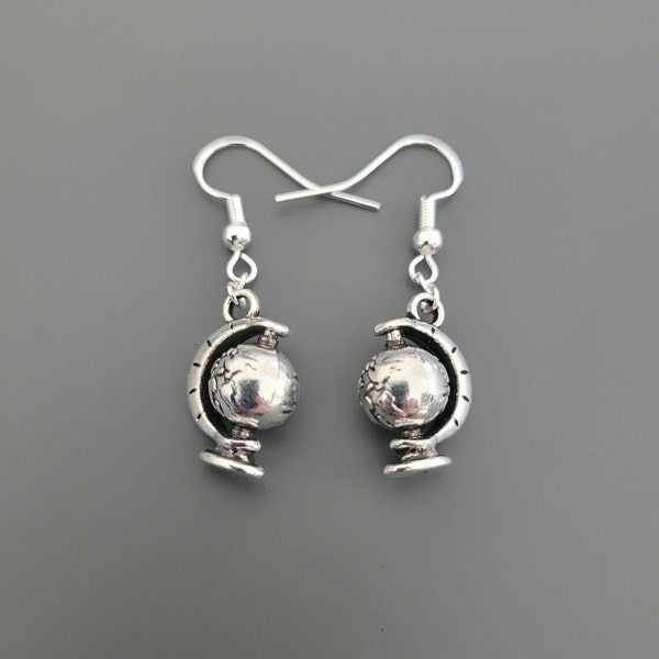 925 Sterling Silver Hook Spinning Globe Charm Earrings - Globe Earrings, Globe Jewellery, world gifts, pretty earrings, gifts for her, UK