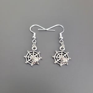 925 Sterling Silver Hook Spider and Web Charm Earrings - Gothic earrings, halloween earrings, gifts for her, spider jewellery, Cobweb