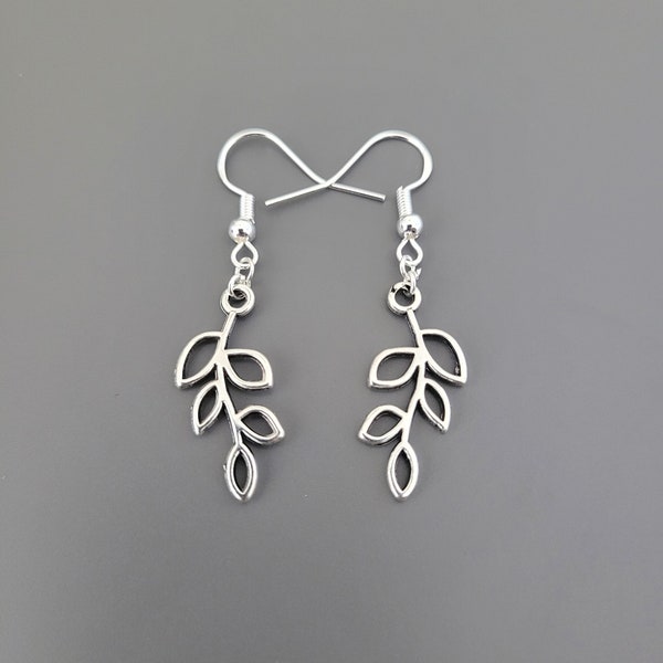925 Sterling Silver Hook Leaf Branch Charm Earrings - Leaf Earrings, Leaf Jewellery, leaf gifts, pretty earrings, gifts for her, cottagecore