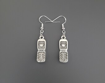 925 Sterling Silver Hook Flip Phone Charm Earrings - phone earrings, vintage, 2000 earrings, kidscore earrings, novelty earrings, technology