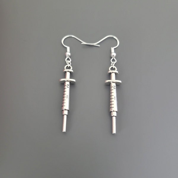 925 Sterling Silver Hook Syringe Charm Earrings - syringe jewellery, health earrings, nurse earrings, doctor earrings, medical earrings