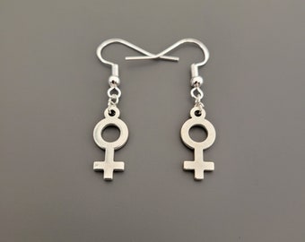 925 Sterling Silver Hook Female Symbol Charm Earrings - Feminist Earrings, Feminist Jewellery, feminist gifts, pretty earrings, gift for her