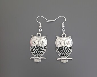 925 Sterling Silver Hook Large Owl Charm Earrings - Owl Earrings, Owl Jewellery, Owl gifts, gifts for her, bird earrings, cute earrings, UK