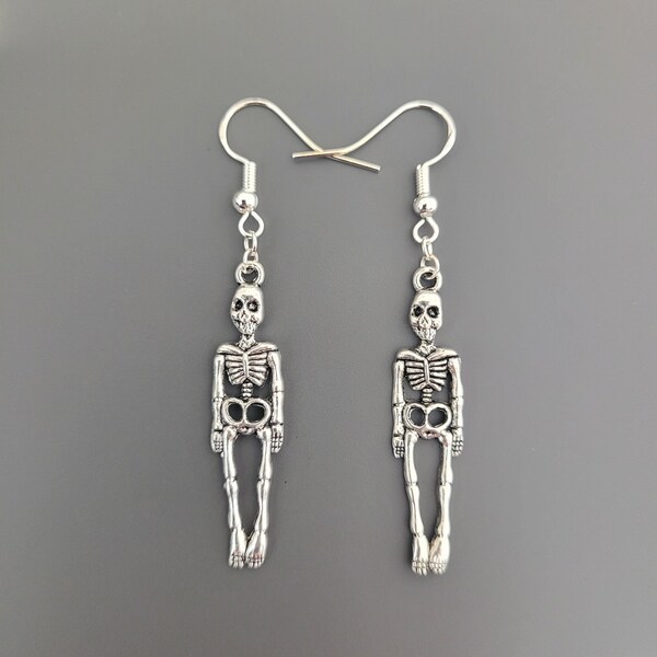 925 Sterling Silver Hook Skeleton Charm Earrings - Gothic earrings, halloween earrings, halloween jewellery, gifts for her, skull, charm