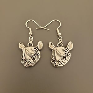 925 Sterling Silver Hook Rhino Head Charm Earrings - Rhino Earrings, Rhino Jewellery, Rhino gifts, rhino gifts for her, animal, rhinoceros