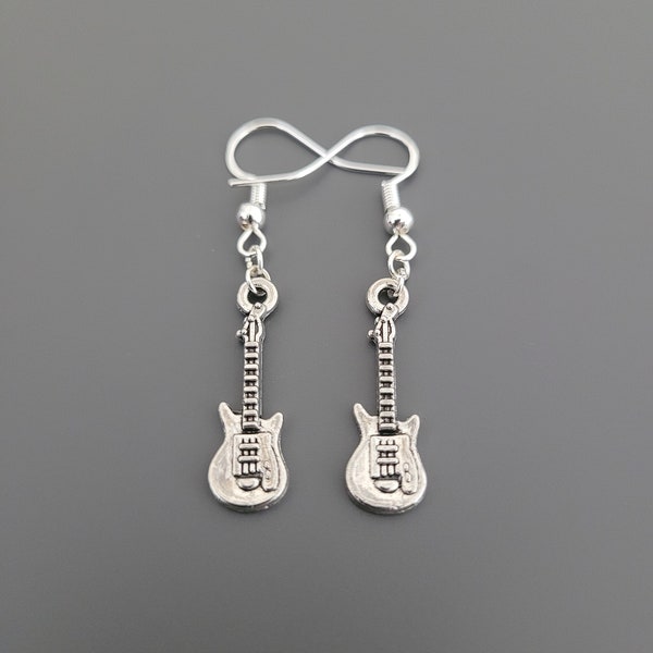 925 Sterling Silver Hook Bass Guitar Charm Earrings - Rock Guitar Earrings, Bass Guitar Jewellery, Bass Guitar gifts, music gifts for her