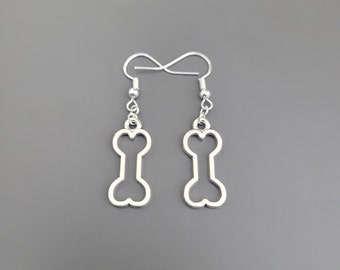 925 Sterling Silver Hook Bone Outline Charm Earrings - Dog Bone Earrings, Bone Outline earrings, dog treat earrings, dog earrings, bone