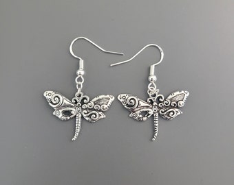 925 Sterling Silver Hook Patterned Dragonfly Charm Earrings - Dragonfly Earrings, Dragonfly Jewellery, Dragonfly gifts, pretty dragonfly