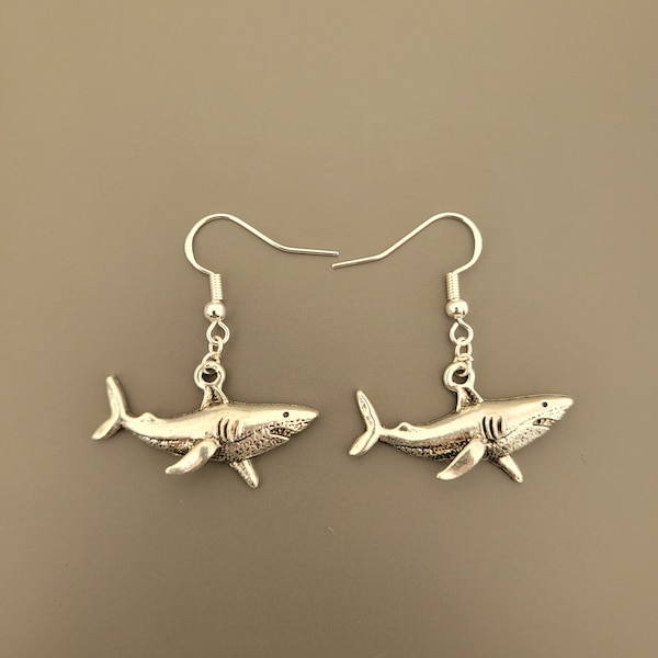 925 Sterling Silver Hook Shark Charm Earrings - Shark Earrings, Shark Jewellery, Shark gifts, gifts for her, animal earrings, silver shark