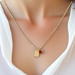 Dainty Initial Birthstone Necklace, 14K Gold Letter Necklace with Birthstone, Custom Letter with Birthstone Mom Necklace , Gold Pendant
