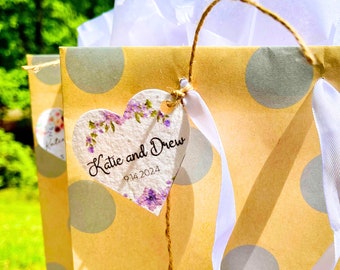 Custom Wedding Favor Seed Paper Gift Tags for Guests from Bride and Groom - Heart Shaped Plantable Party Favor Labels with Wildflower Seeds