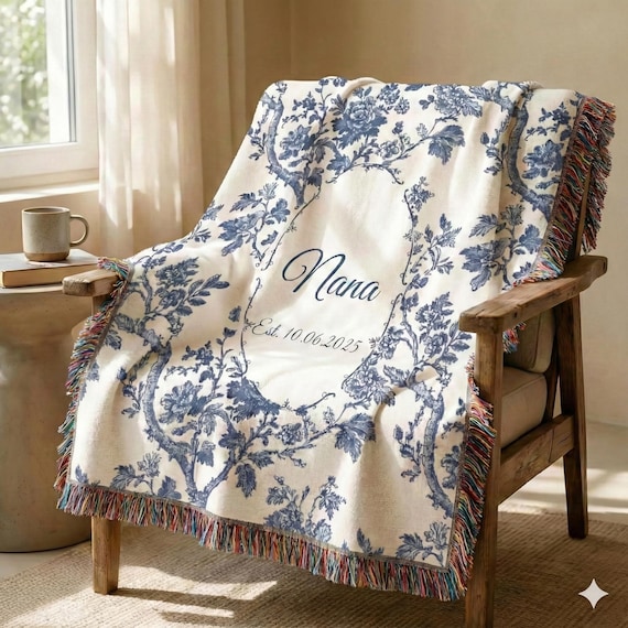 Personalized Grandma Blanket, Throw Blanket for Nana, Woven Blanket for Mimi, Custom Blanket, Blue Toile Name Blanket, Established Date